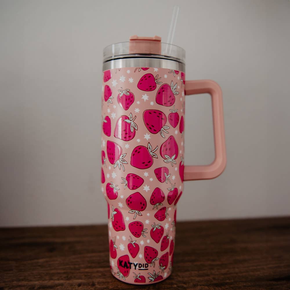 Strawberries Printed 40 oz Tumbler with Handle Peach