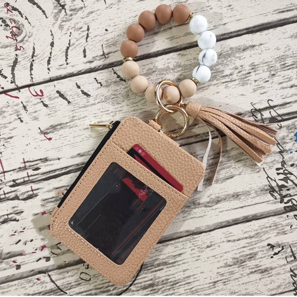 Solid Silicone Beaded Bracelet Card Holder Keychain