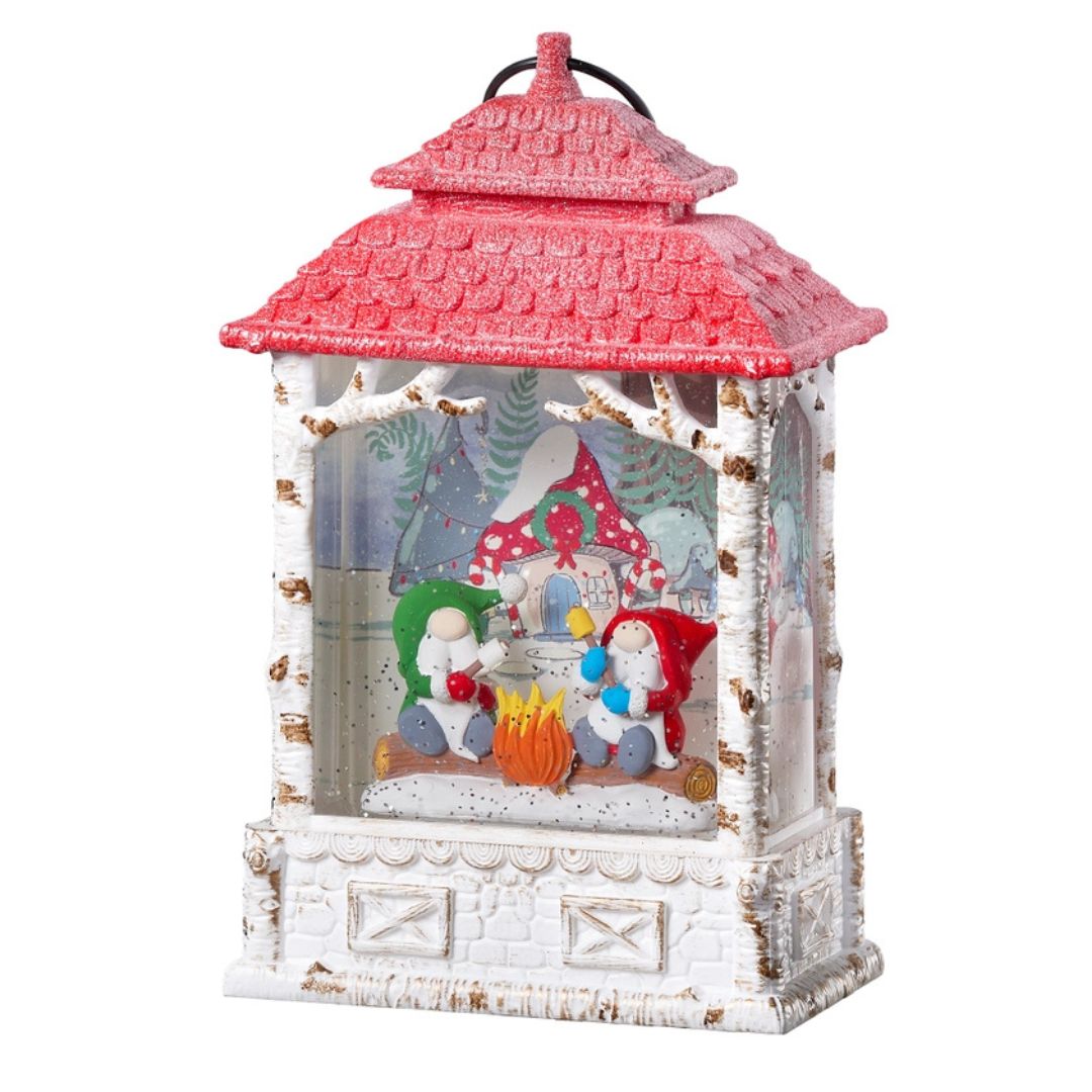 Confetti Lites Lighted Swirl White Lantern with Gnomes by a Campfire Scene