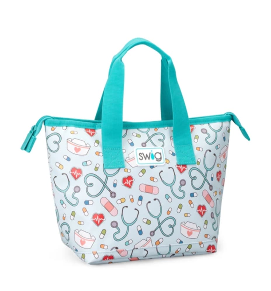 Tote bag with medical-themed design and teal handles on a white background