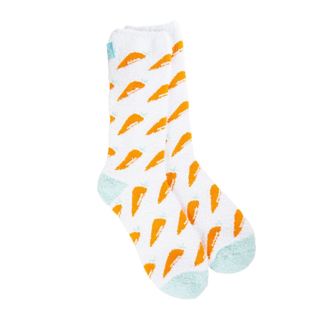 A pair of cozy crew socks with a pattern of carrots on a white background.