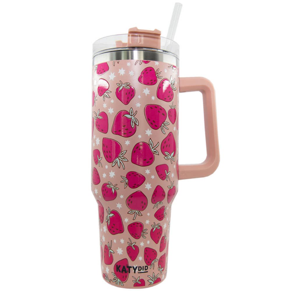 Strawberries Printed 40 oz Tumbler with Handle Peach
