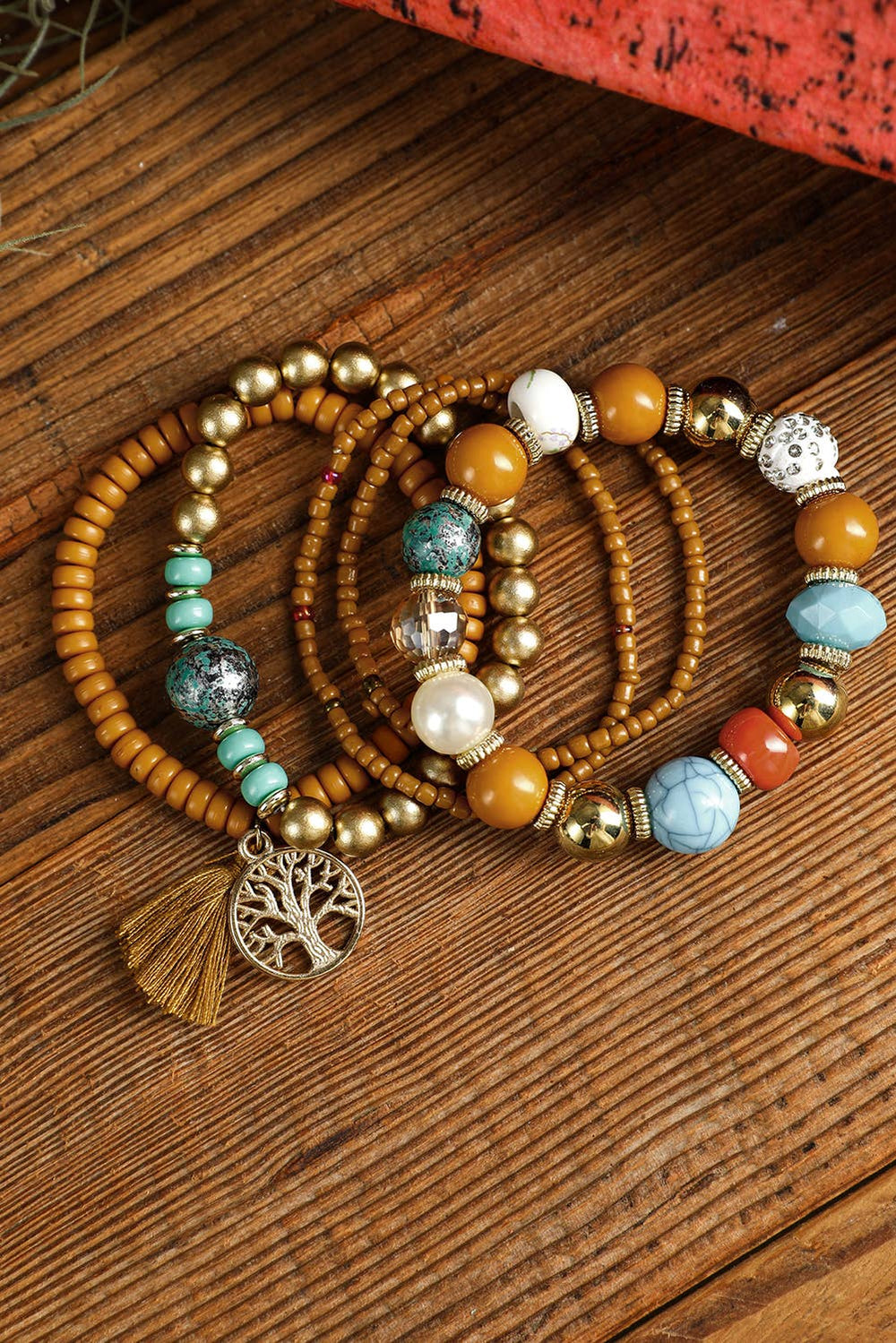 5pcs Boho Beaded Turquoise Bracelets Set: Chestnut