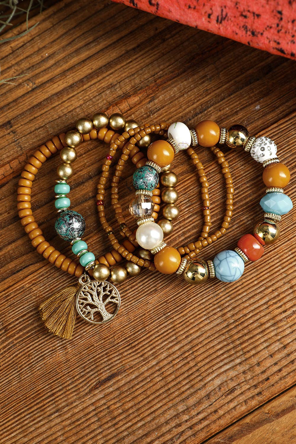 5pcs Boho Beaded Turquoise Bracelets Set: Chestnut