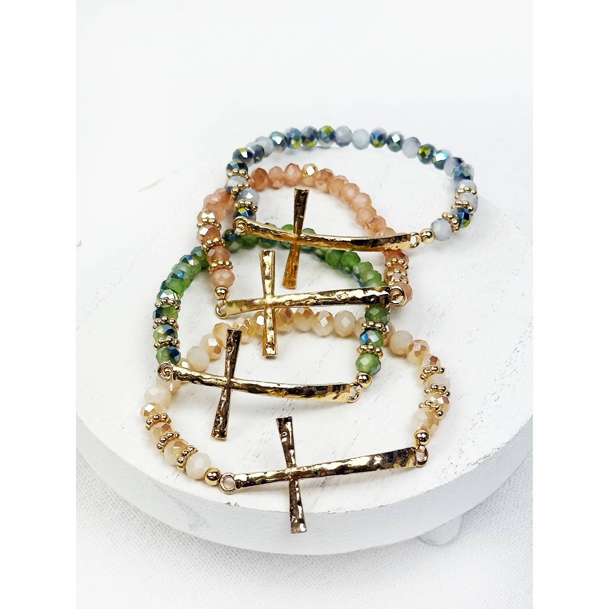 Hammered Cross Bead Stretch Bracelet