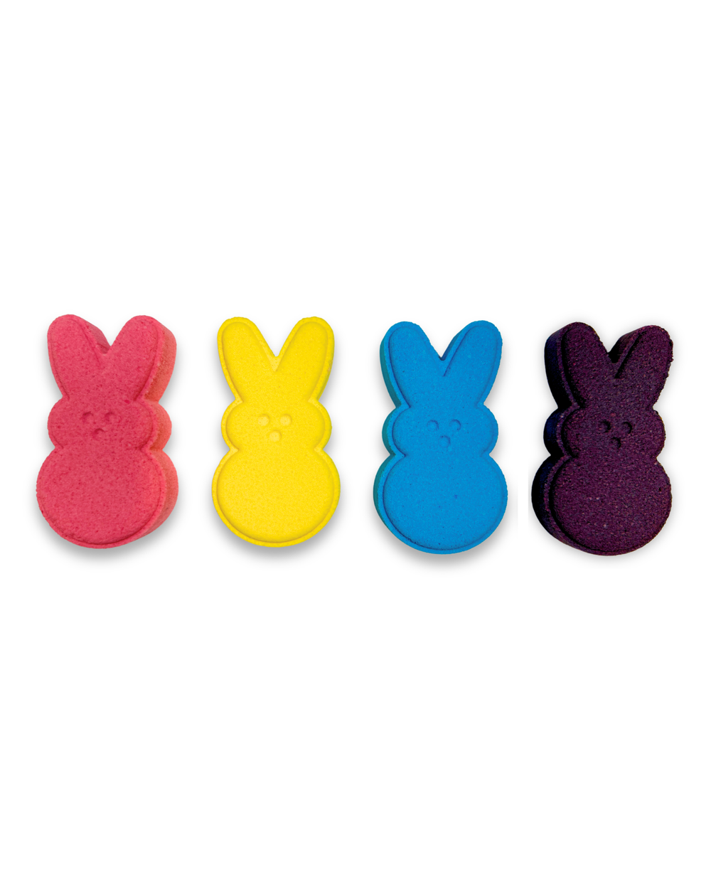Four colorful bunny peep shaped bath bombs on a white background