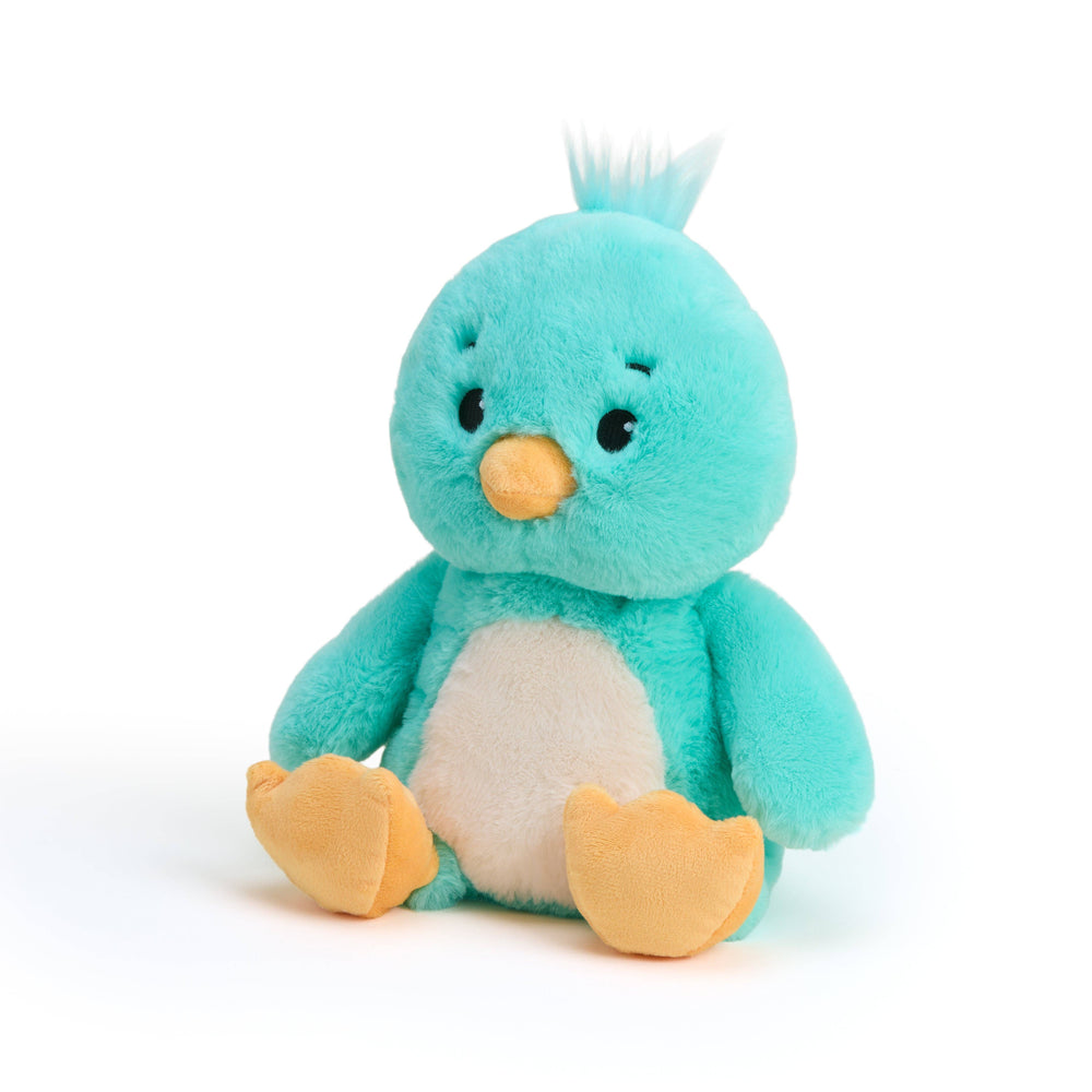Plush toy teal colored bird, with a yellow beak, yellow feet and a white belly on a white background
