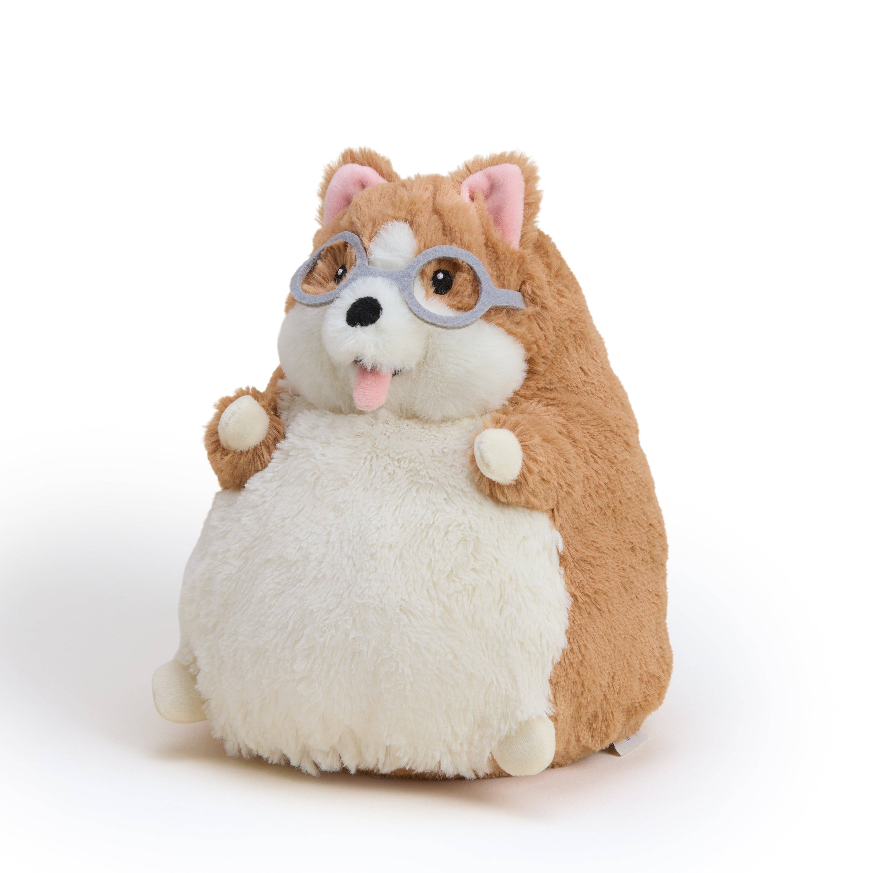 Plush toy hamster with glasses on a white background