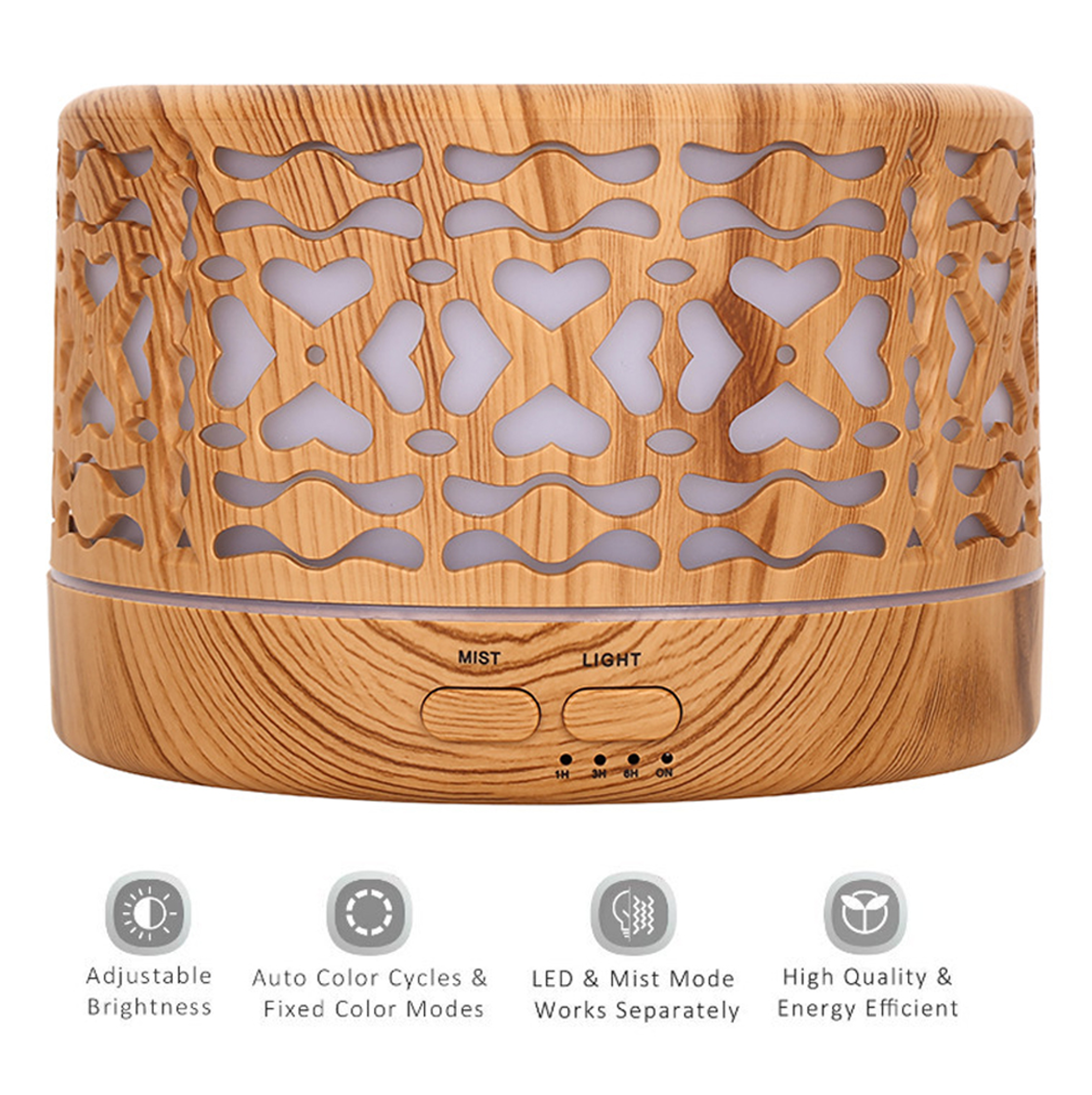 Ultrasonic 5 in 1 Home Diffuser, Hearts: Light Wood