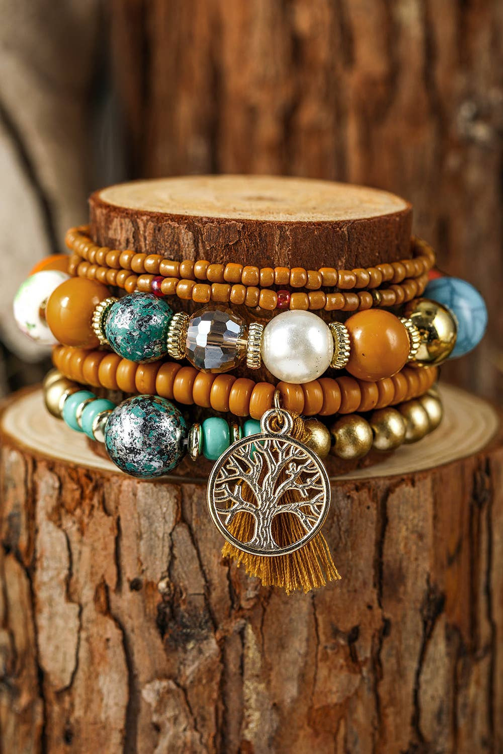 5pcs Boho Beaded Turquoise Bracelets Set: Chestnut