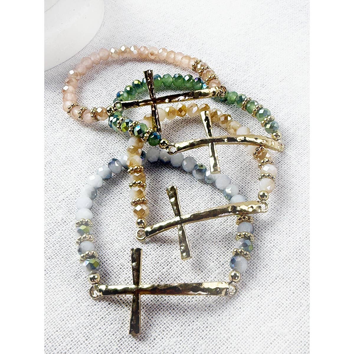 Hammered Cross Bead Stretch Bracelet