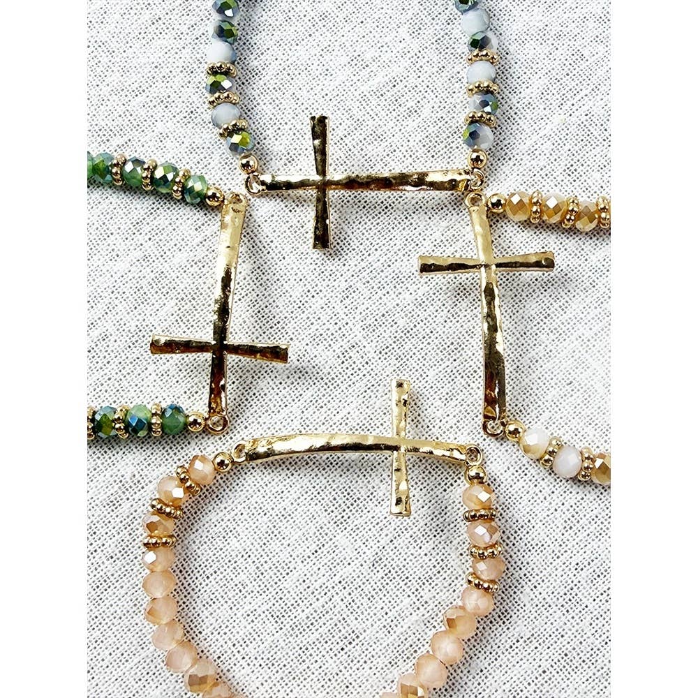 Hammered Cross Bead Stretch Bracelet