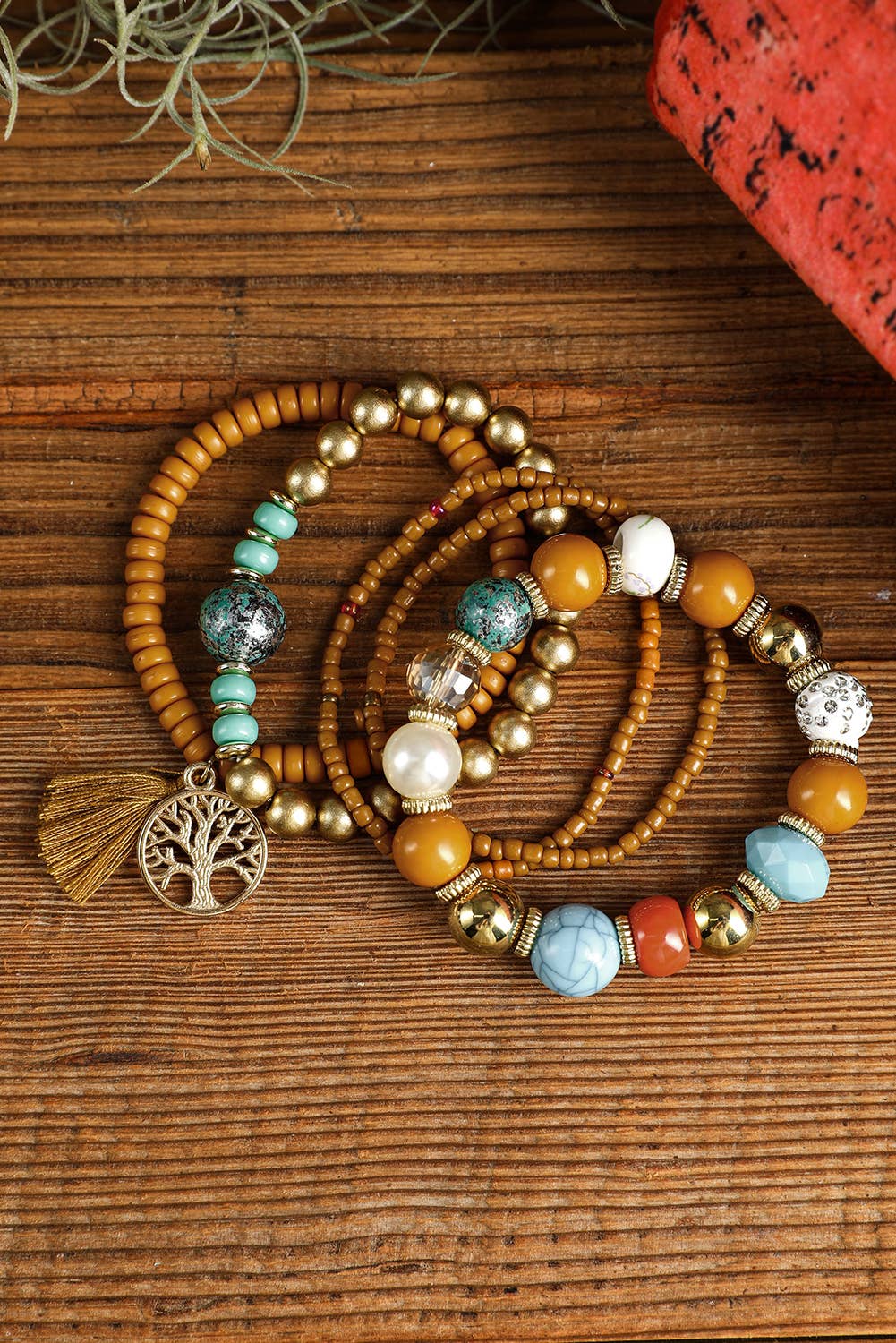 5pcs Boho Beaded Turquoise Bracelets Set: Chestnut
