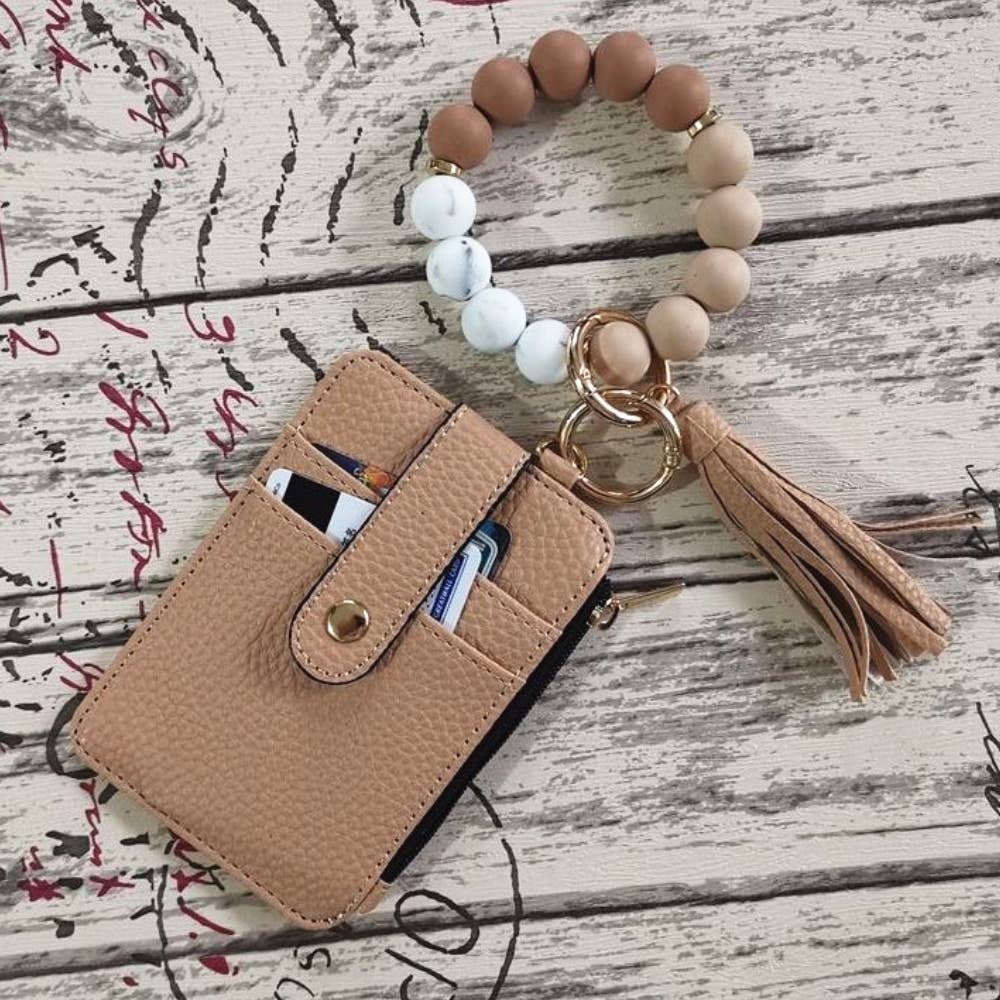 Solid Silicone Beaded Bracelet Card Holder Keychain