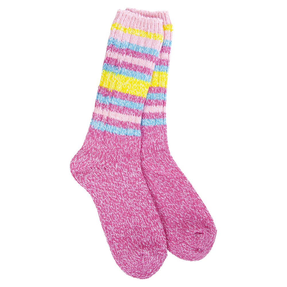 Pink socks with multicolored stripes on a white background