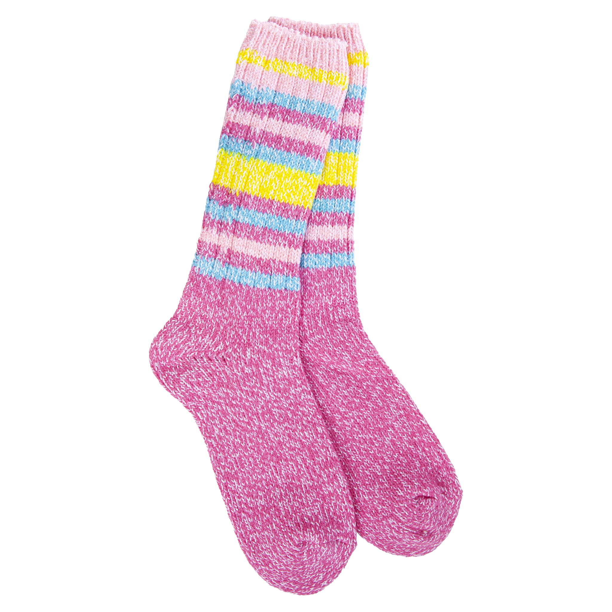 Pink socks with multicolored stripes on a white background