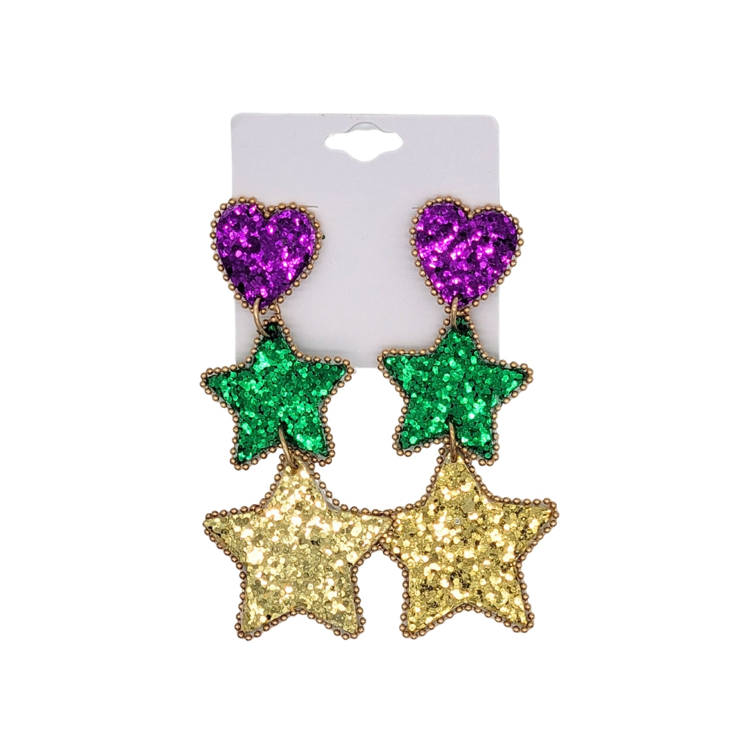 Mardi Gras Star Heart Earrings