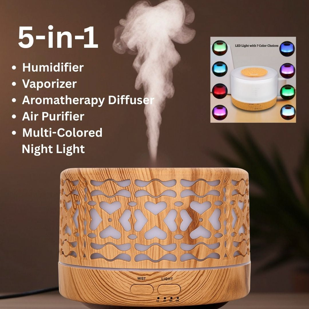 Ultrasonic 5 in 1 Home Diffuser, Hearts: Light Wood