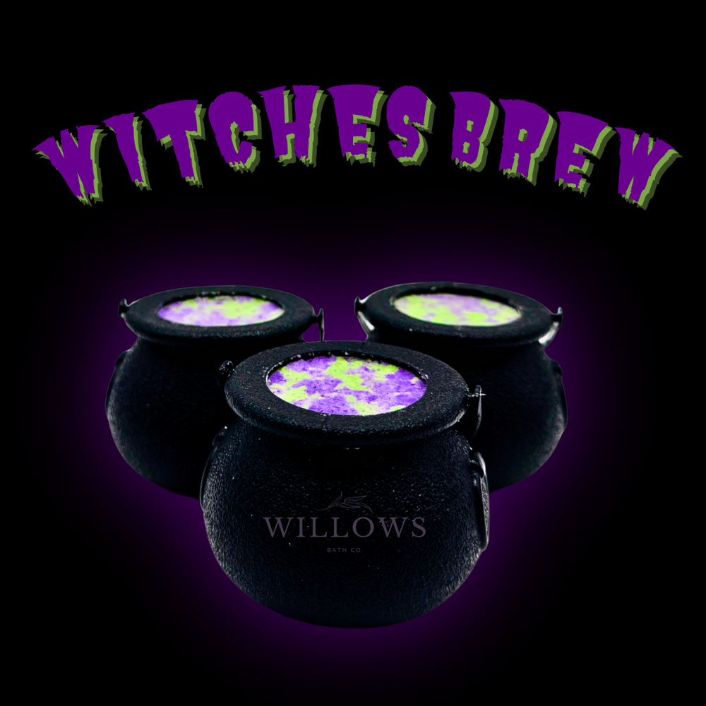 Black cauldrons with colorful liquid labeled 'Witches Brew' on a dark background with 'Willows' branding.