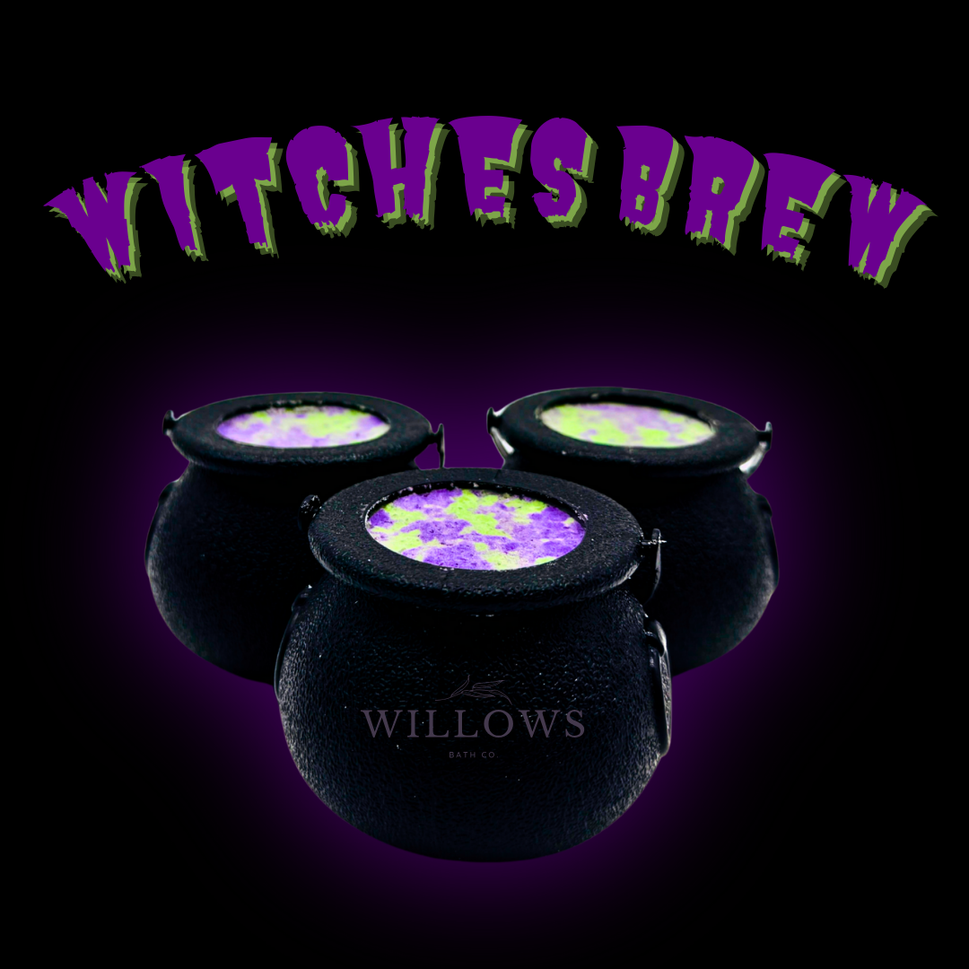 Black cauldrons with colorful liquid labeled 'Witches Brew' on a dark background with 'Willows' branding.