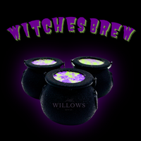 Black cauldrons with colorful liquid labeled 'Witches Brew' on a dark background with 'Willows' branding.