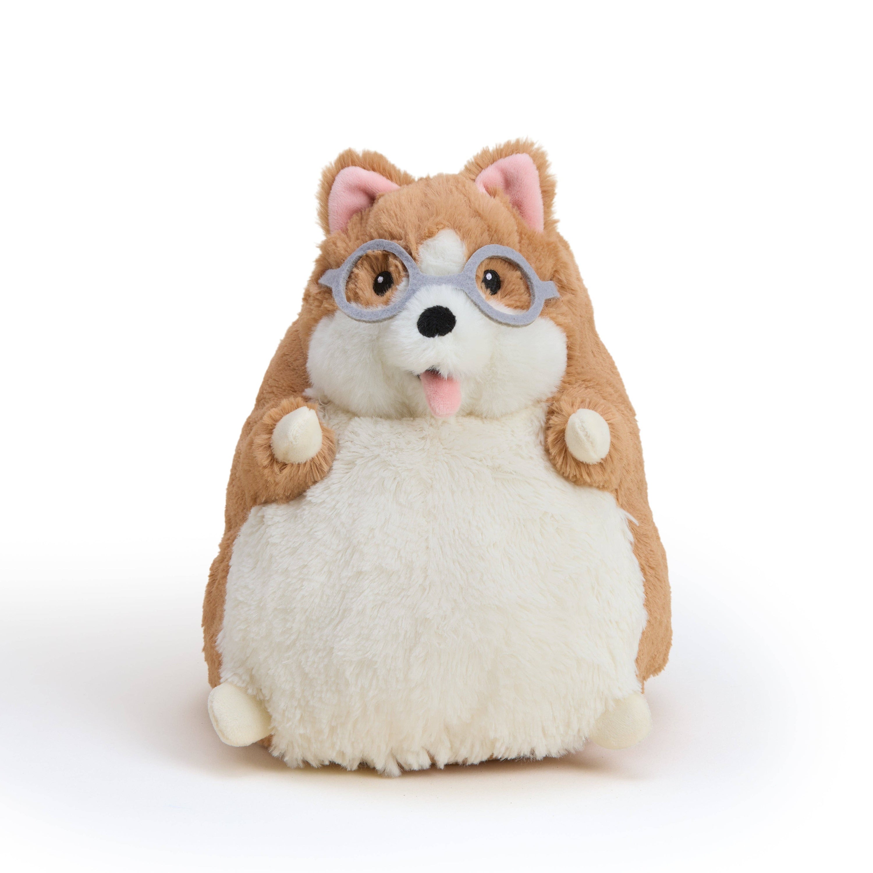 Plush toy dog with glasses on a white background