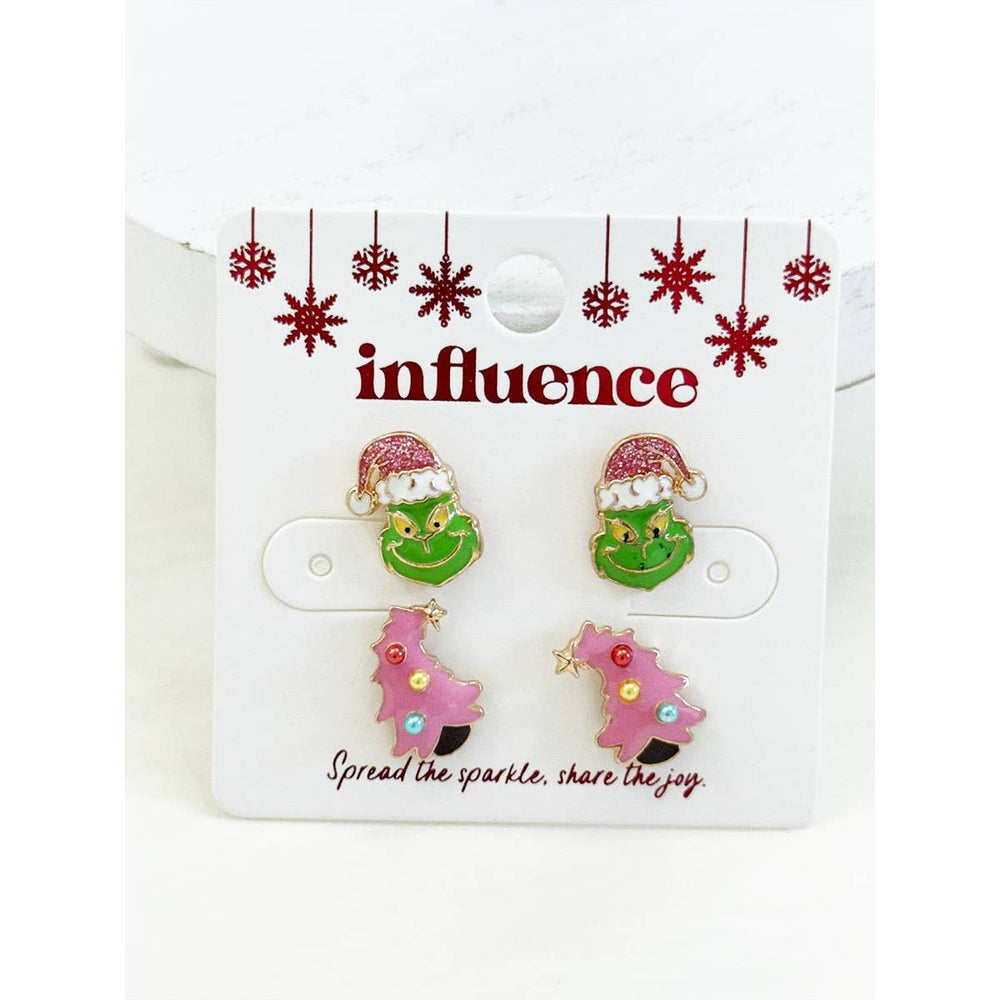 Grinch and Pink Christmas Tree Earrings