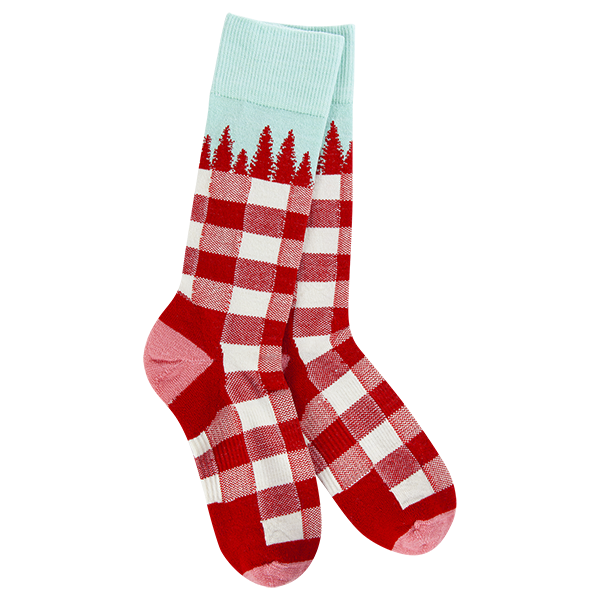 Red and white checkered socks with a light blue section featuring tree graphics on a white background.