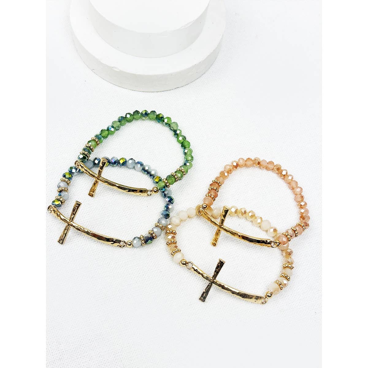 Hammered Cross Bead Stretch Bracelet