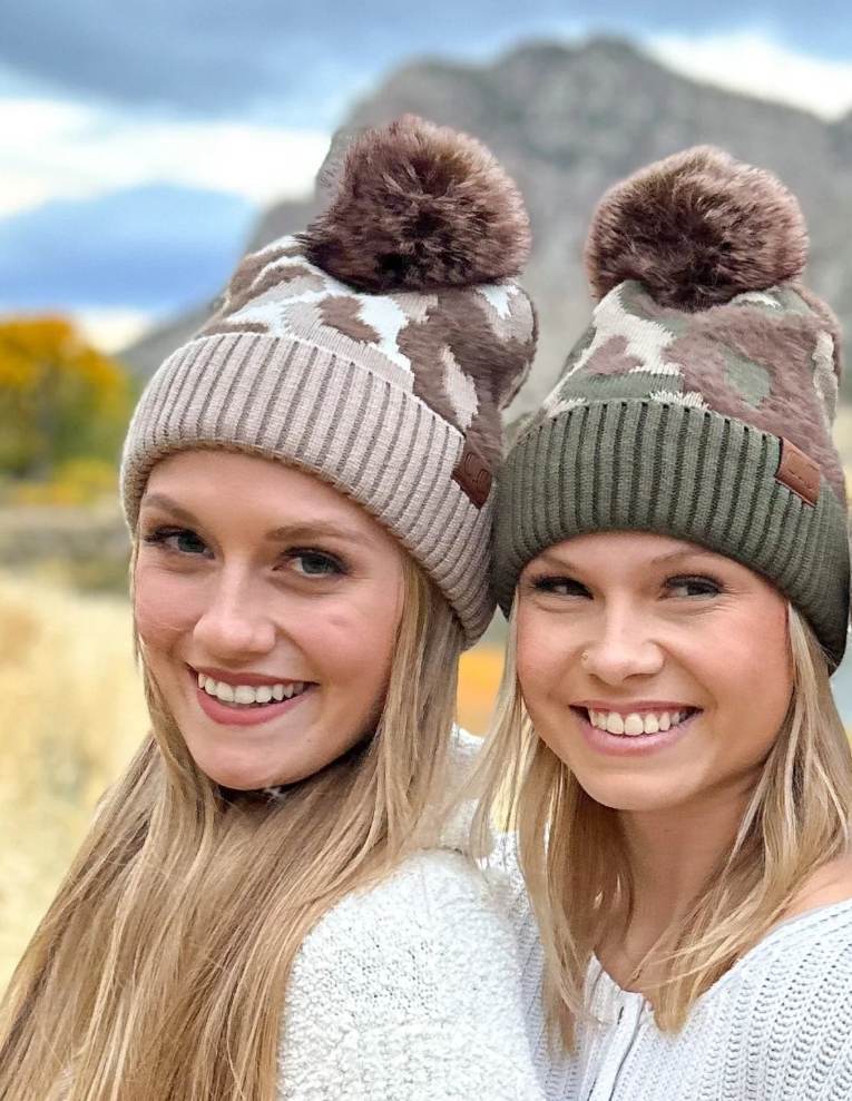 Abstract Camo Print C.C Beanie Fur Pom