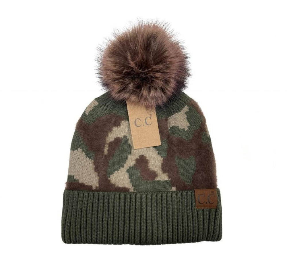 Abstract Camo Print C.C Beanie Fur Pom
