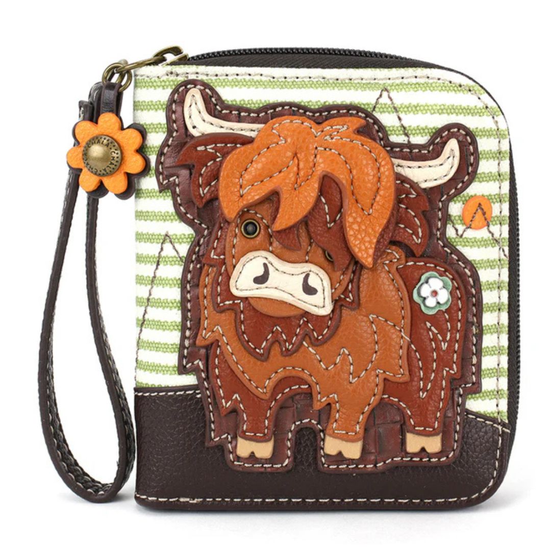CHALA ZIP AROUND WALLET HIGHLAND COW - GREEN STRIPE