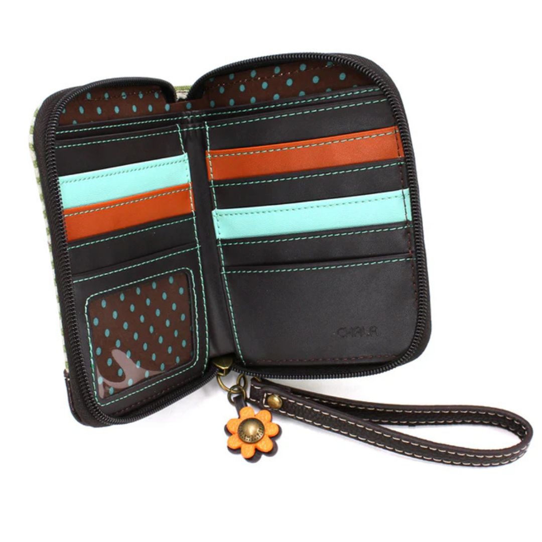 CHALA ZIP AROUND WALLET HIGHLAND COW - GREEN STRIPE