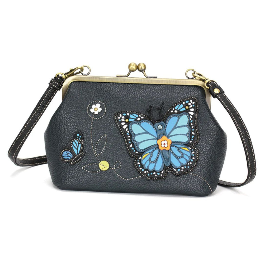 Chala Kisslock Crossbody Purse Blue Butterfly  - navy