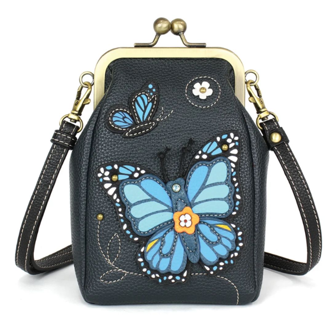 Kisslock Cellphone Crossbody - Blue Butterfly