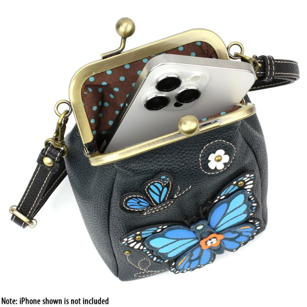 Kisslock Cellphone Crossbody - Blue Butterfly