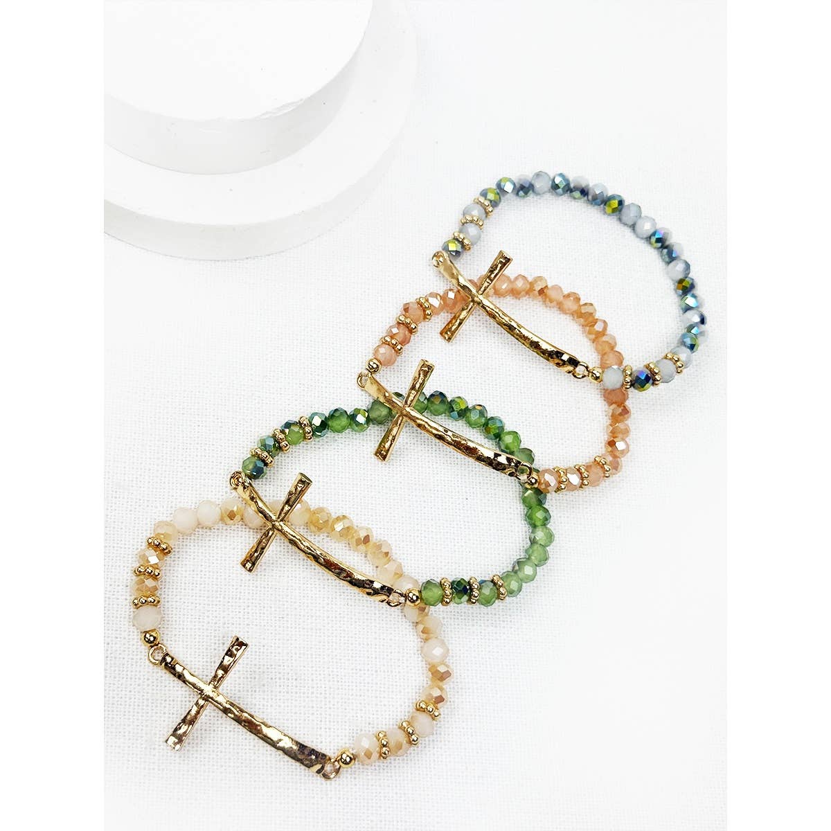 Hammered Cross Bead Stretch Bracelet