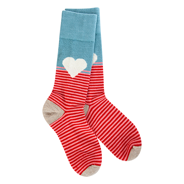Red striped socks with white hearts on a blue background
