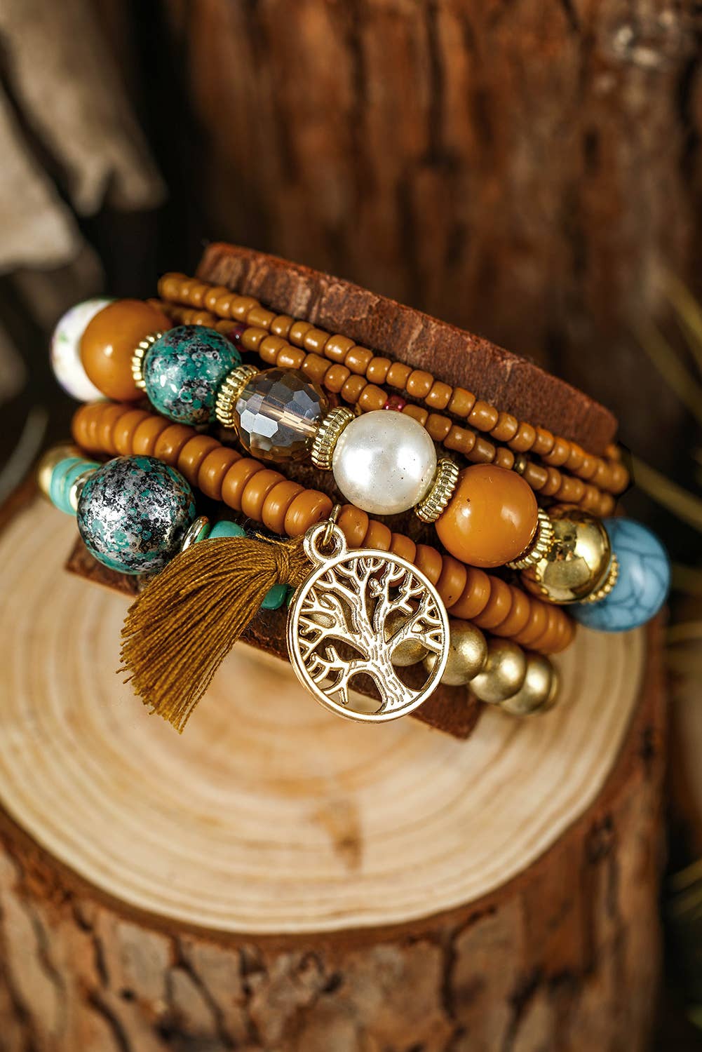 5pcs Boho Beaded Turquoise Bracelets Set: Chestnut