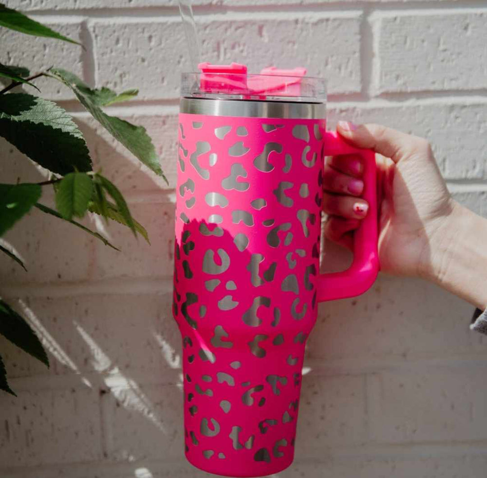 Hot Pink METALLIC Leopard Tumbler Cup with Handle