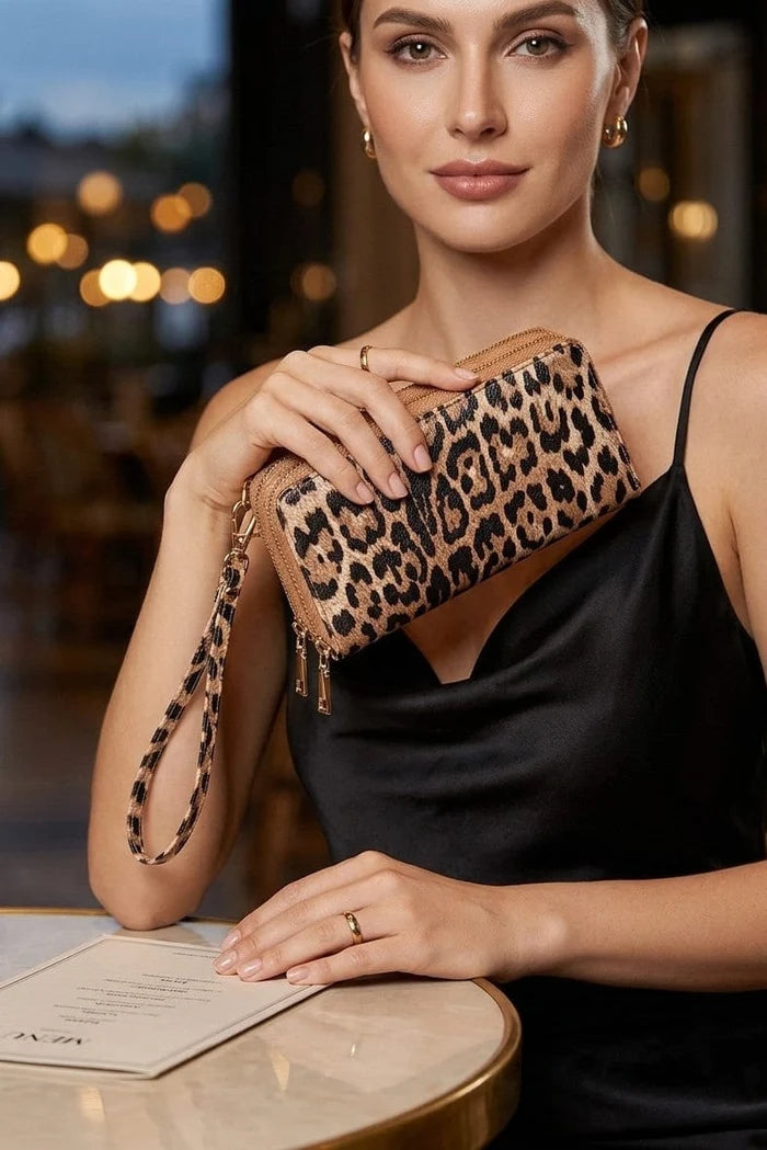 Gia Leopard Print Double Zip-Around Wallet Wristlet