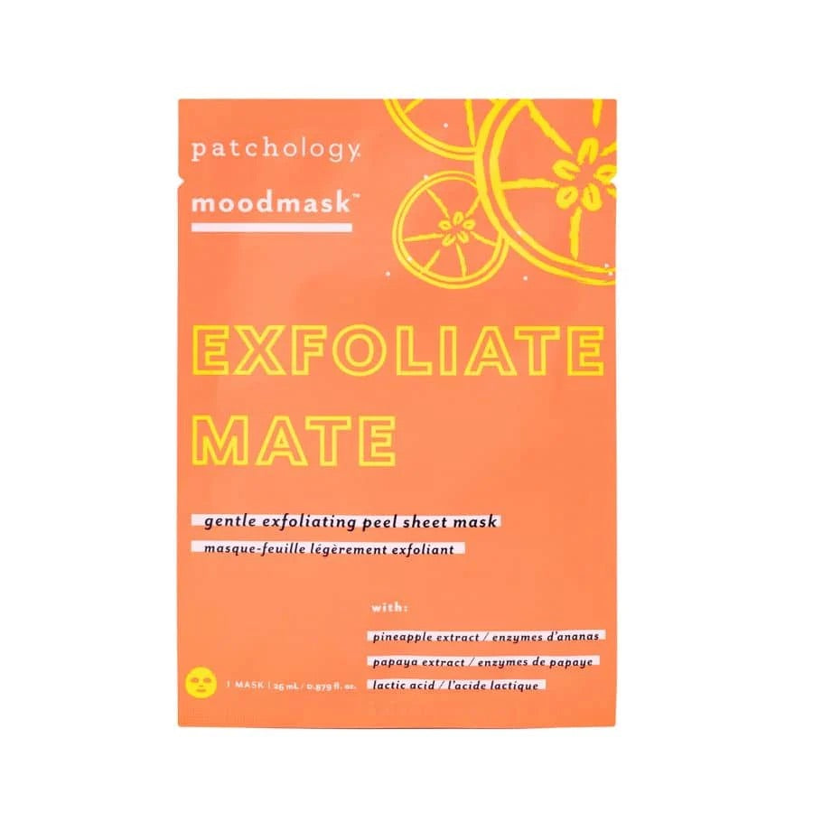 Patchology moodmask Exfoliate Mate packaging on a white background