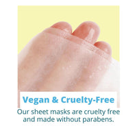 Sheet mask on a hand with text indicating vegan and cruelty-free qualities.