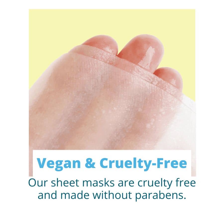 Sheet mask on a hand with text indicating vegan and cruelty-free qualities.