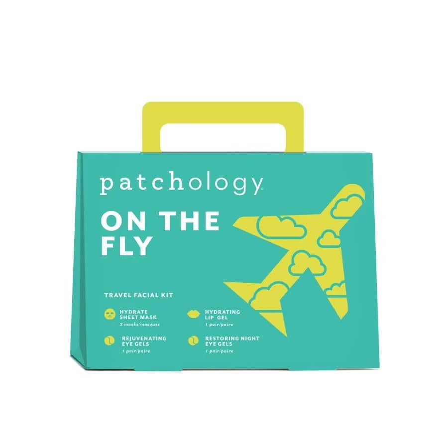 Product packaging for 'patchology on the Fly' with a teal background and yellow airplane graphic.