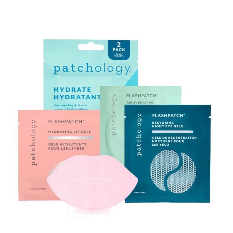 Patchology skincare products including masks and lip gels on a white background