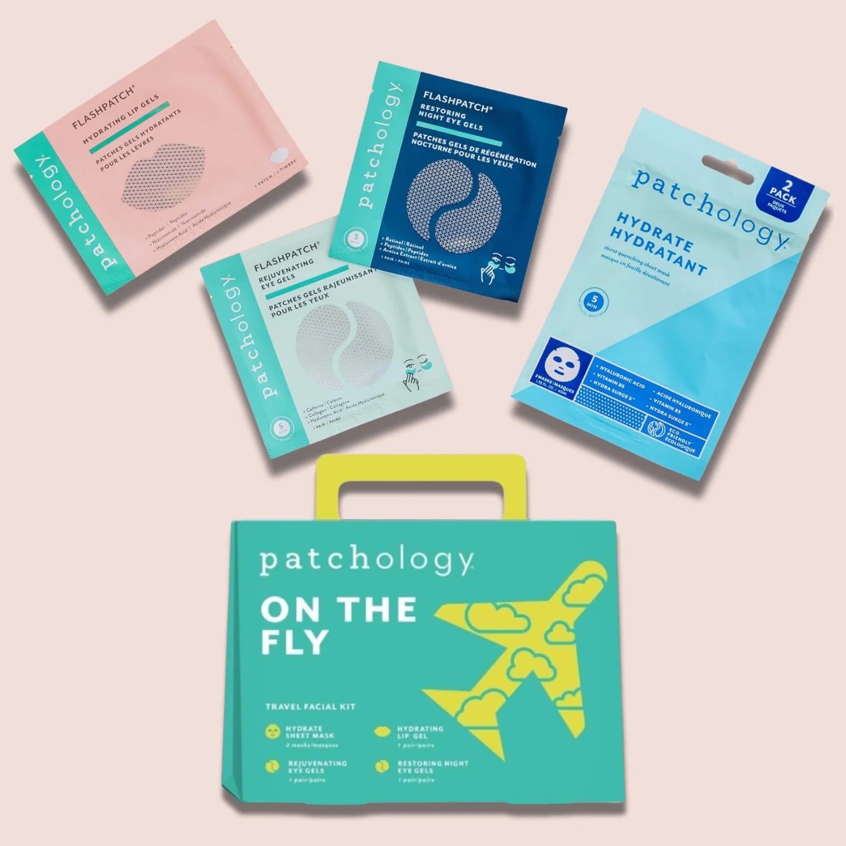 Collection of Patchology facial mask packages on a light pink background