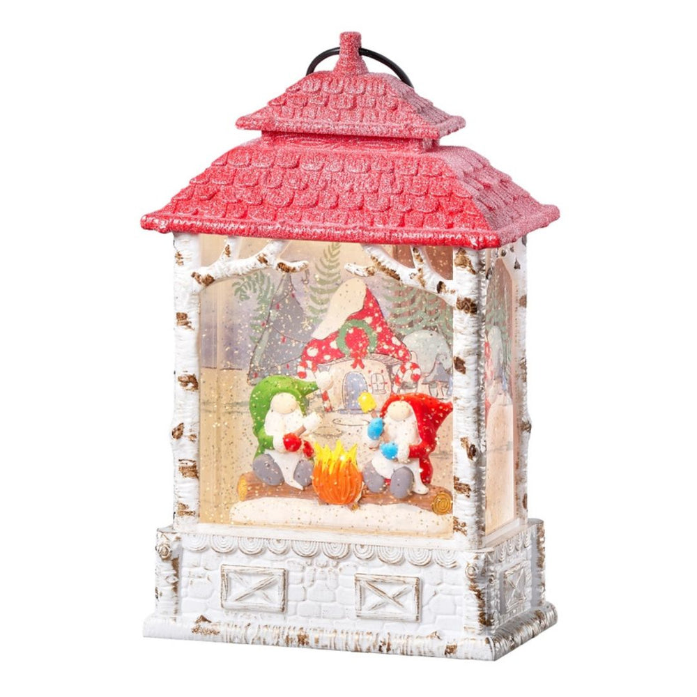 Confetti Lites Lighted Swirl White Lantern with Gnomes by a Campfire Scene