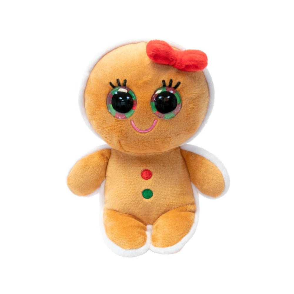 A plush gingerbread doll with large glossy eyes, a red bow on her head, and red and green button details, isolated on a white background.