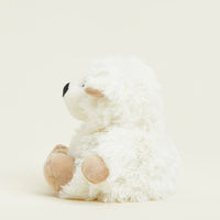 White sheep with brown paws on a light beige background